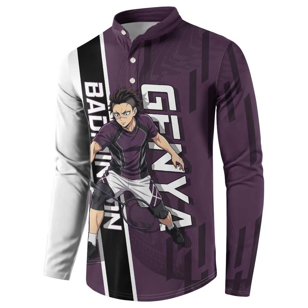 Personalized Shinazugawa Genya Demon Slayer Badminton Button Sweatshirt with Racket Action Pose and Purple Black Graphic Design - The Mazicc