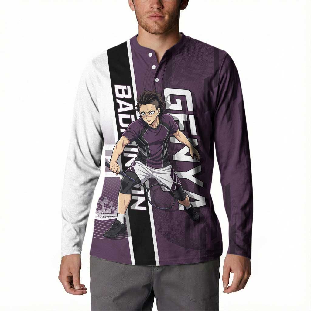 Personalized Shinazugawa Genya Demon Slayer Badminton Button Sweatshirt with Racket Action Pose and Purple Black Graphic Design - The Mazicc