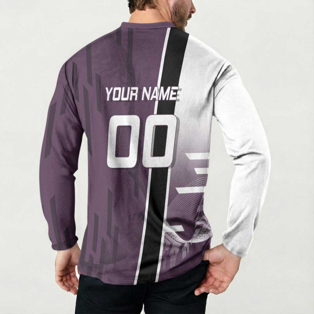 Personalized Shinazugawa Genya Demon Slayer Badminton Button Sweatshirt with Racket Action Pose and Purple Black Graphic Design - The Mazicc