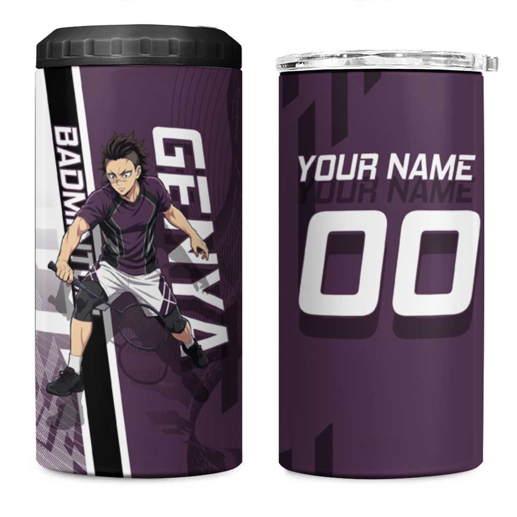 Personalized Shinazugawa Genya Demon Slayer Badminton 4 in 1 Can Cooler Tumbler with Racket Action Pose and Purple Black Graphic Design - The Mazicc