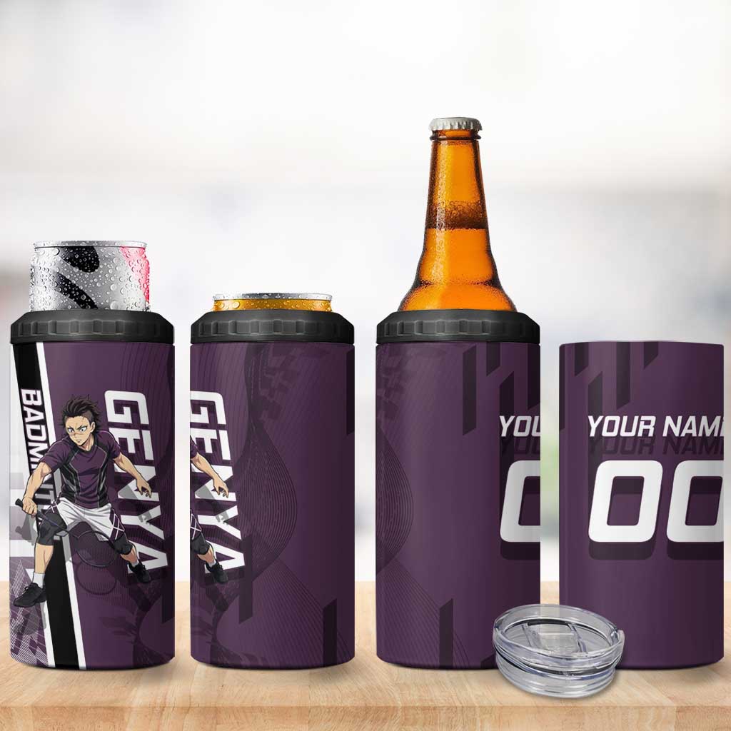 Personalized Shinazugawa Genya Demon Slayer Badminton 4 in 1 Can Cooler Tumbler with Racket Action Pose and Purple Black Graphic Design - The Mazicc