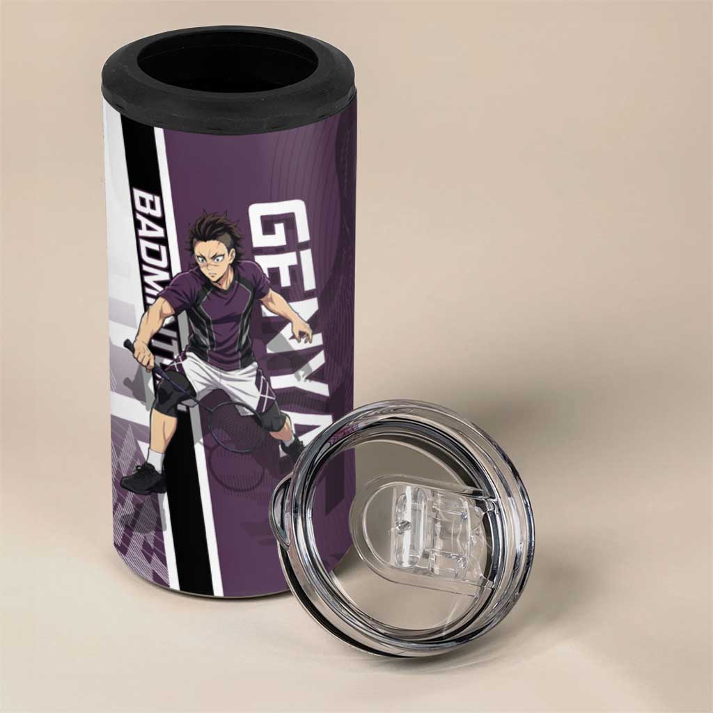 Personalized Shinazugawa Genya Demon Slayer Badminton 4 in 1 Can Cooler Tumbler with Racket Action Pose and Purple Black Graphic Design - The Mazicc