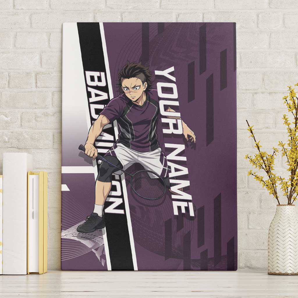 Personalized Shinazugawa Genya Demon Slayer Badminton Canvas Wall Art with Racket Action Pose and Purple Black Graphic Design - The Mazicc