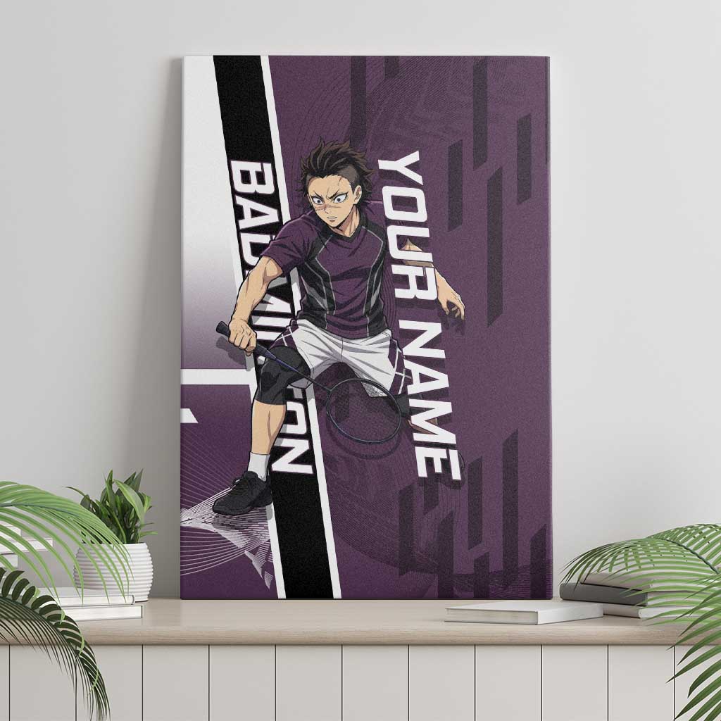Personalized Shinazugawa Genya Demon Slayer Badminton Canvas Wall Art with Racket Action Pose and Purple Black Graphic Design - The Mazicc