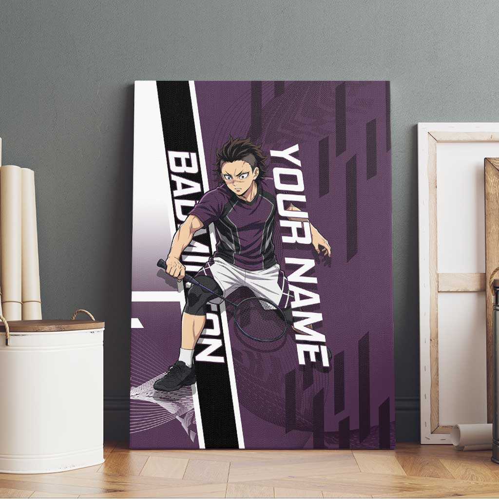 Personalized Shinazugawa Genya Demon Slayer Badminton Canvas Wall Art with Racket Action Pose and Purple Black Graphic Design - The Mazicc