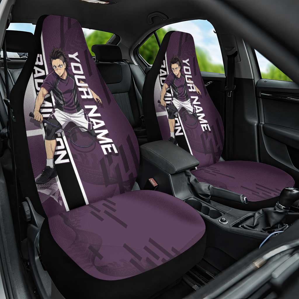 Personalized Shinazugawa Genya Demon Slayer Badminton Car Seat Cover with Racket Action Pose and Purple Black Graphic Design - The Mazicc