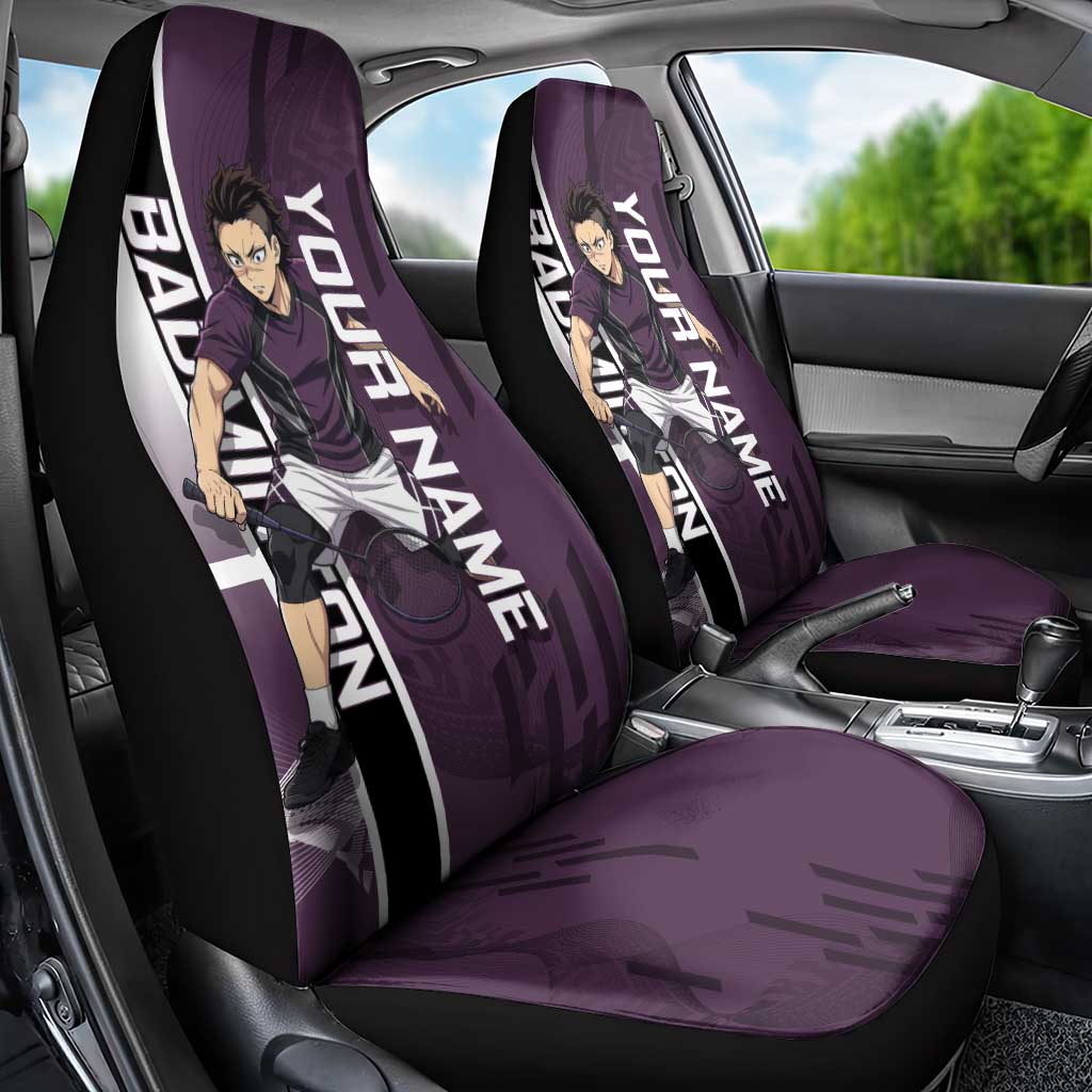 Personalized Shinazugawa Genya Demon Slayer Badminton Car Seat Cover with Racket Action Pose and Purple Black Graphic Design - The Mazicc