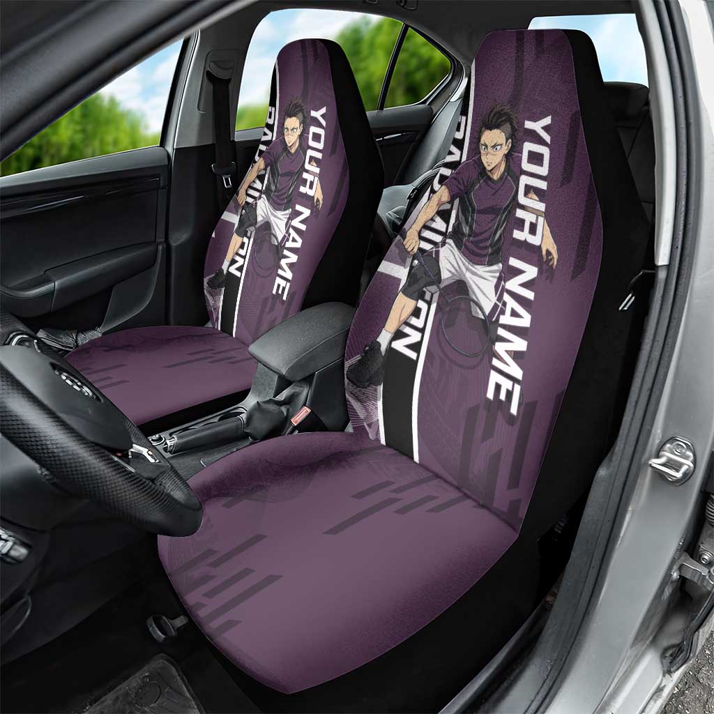 Personalized Shinazugawa Genya Demon Slayer Badminton Car Seat Cover with Racket Action Pose and Purple Black Graphic Design - The Mazicc