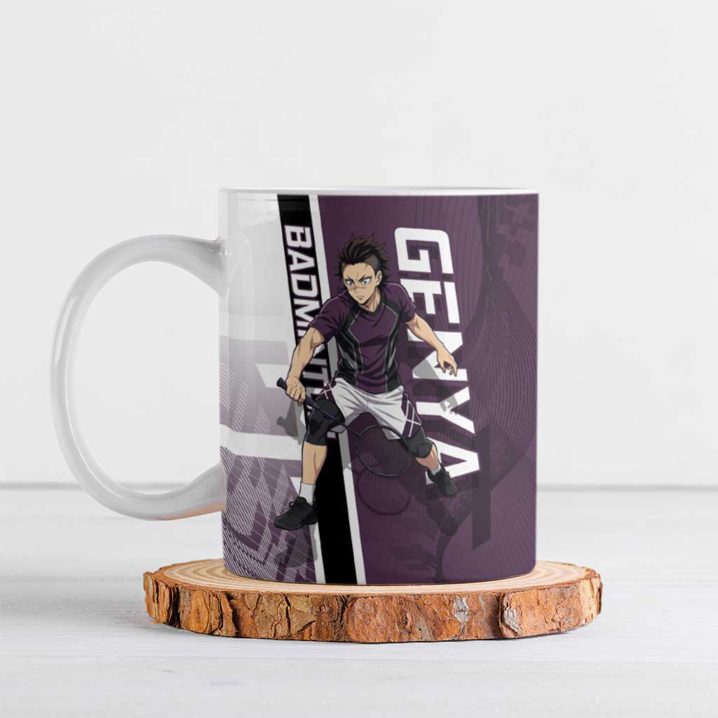 Personalized Shinazugawa Genya Demon Slayer Badminton Ceramic Mug with Racket Action Pose and Purple Black Graphic Design - The Mazicc