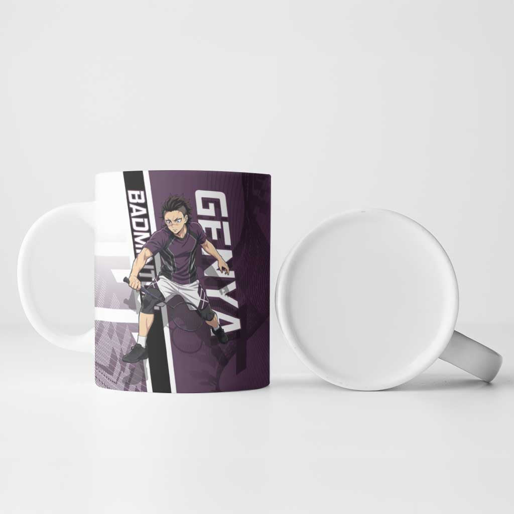 Personalized Shinazugawa Genya Demon Slayer Badminton Ceramic Mug with Racket Action Pose and Purple Black Graphic Design - The Mazicc