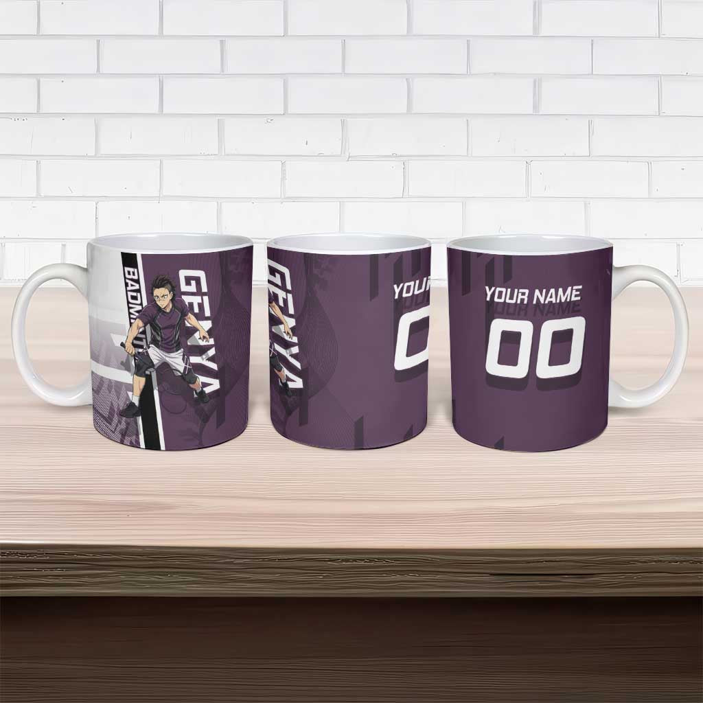 Personalized Shinazugawa Genya Demon Slayer Badminton Ceramic Mug with Racket Action Pose and Purple Black Graphic Design - The Mazicc