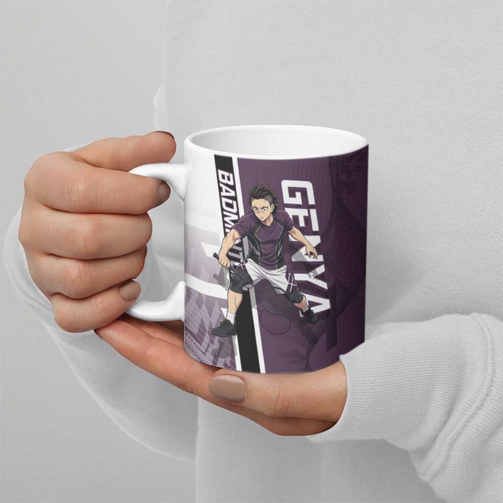 Personalized Shinazugawa Genya Demon Slayer Badminton Ceramic Mug with Racket Action Pose and Purple Black Graphic Design - The Mazicc