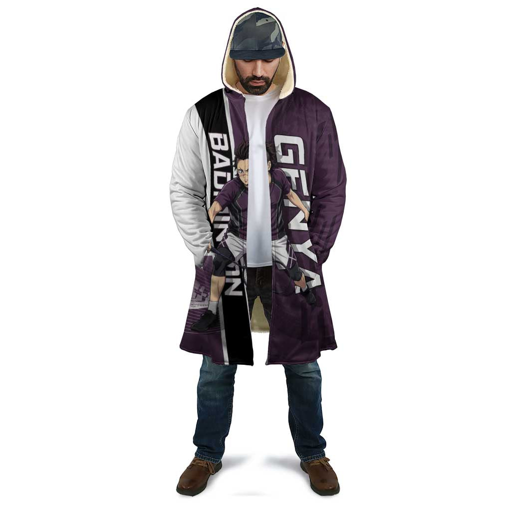 Personalized Shinazugawa Genya Demon Slayer Badminton Cloak with Racket Action Pose and Purple Black Graphic Design - The Mazicc