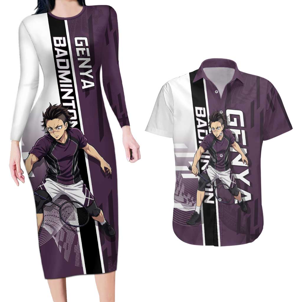 Personalized Shinazugawa Genya Demon Slayer Badminton Couples Matching Long Sleeve Bodycon Dress and Hawaiian Shirt with Racket Action Pose and Purple Black Graphic Design - The Mazicc