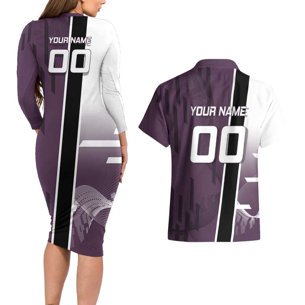 Personalized Shinazugawa Genya Demon Slayer Badminton Couples Matching Long Sleeve Bodycon Dress and Hawaiian Shirt with Racket Action Pose and Purple Black Graphic Design - The Mazicc