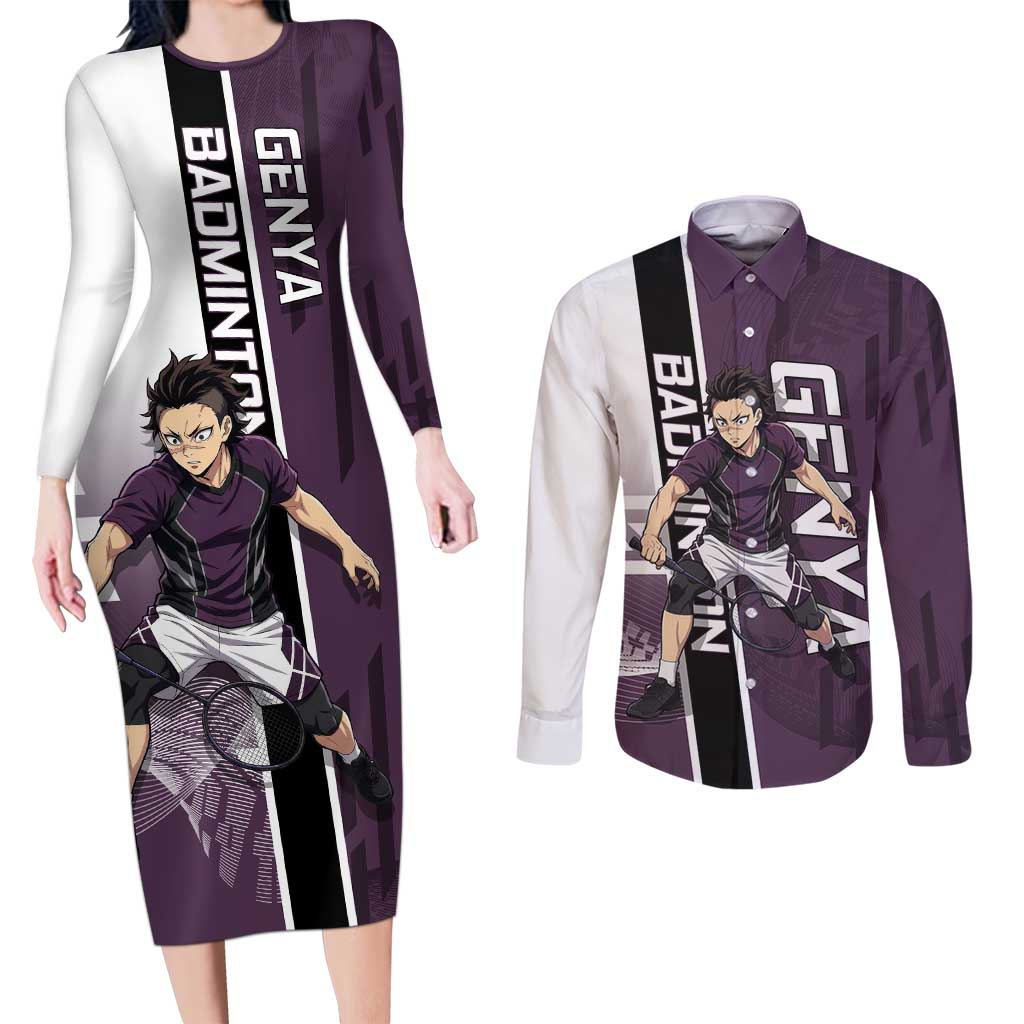 Personalized Shinazugawa Genya Demon Slayer Badminton Couples Matching Long Sleeve Bodycon Dress and Long Sleeve Button Shirt with Racket Action Pose and Purple Black Graphic Design - The Mazicc