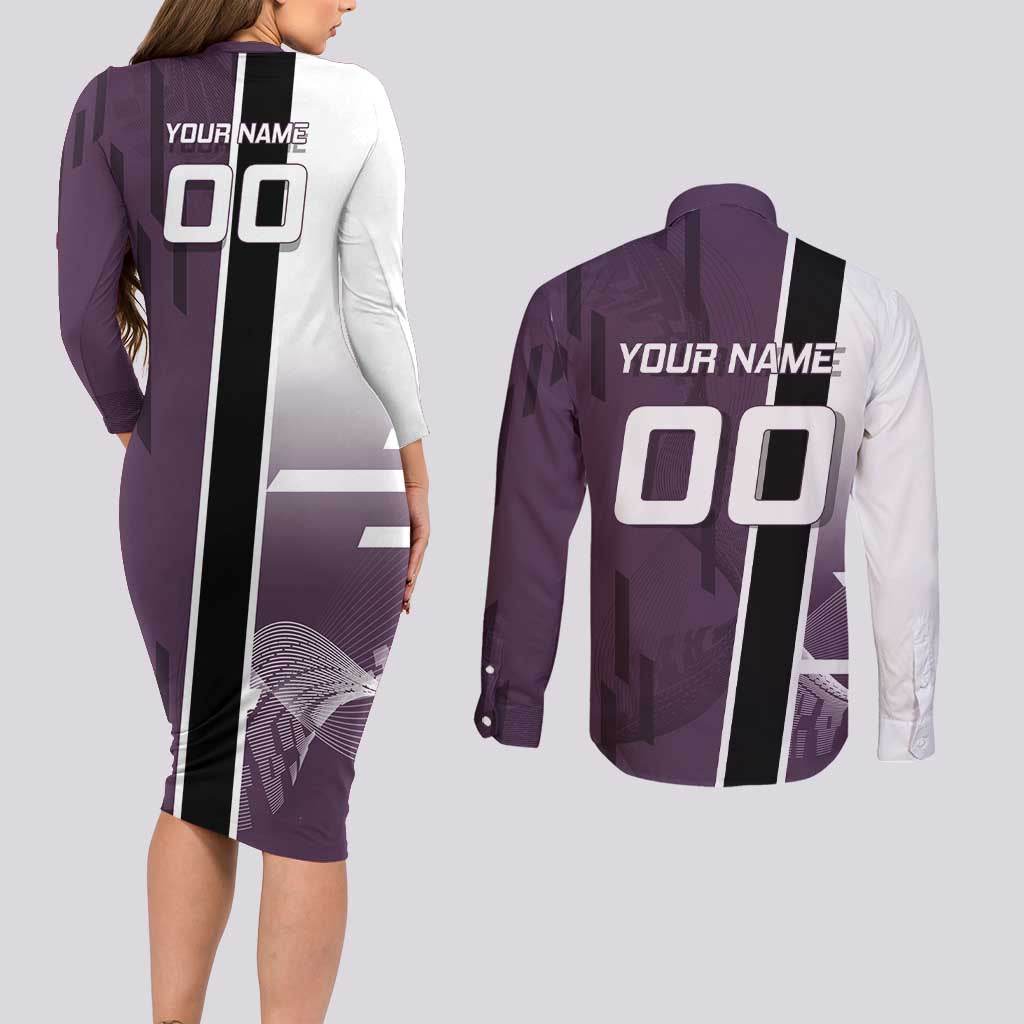 Personalized Shinazugawa Genya Demon Slayer Badminton Couples Matching Long Sleeve Bodycon Dress and Long Sleeve Button Shirt with Racket Action Pose and Purple Black Graphic Design - The Mazicc