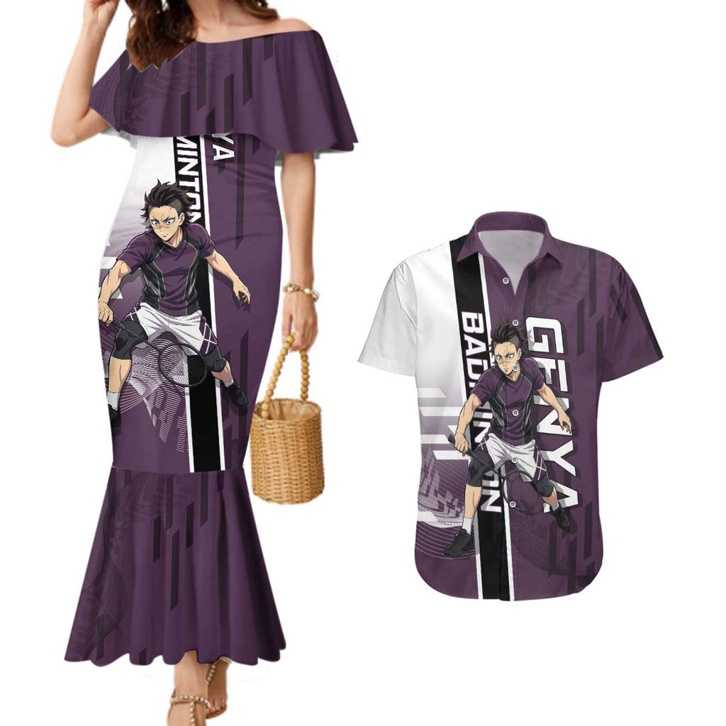 Personalized Shinazugawa Genya Demon Slayer Badminton Couples Matching Mermaid Dress and Hawaiian Shirt with Racket Action Pose and Purple Black Graphic Design - The Mazicc