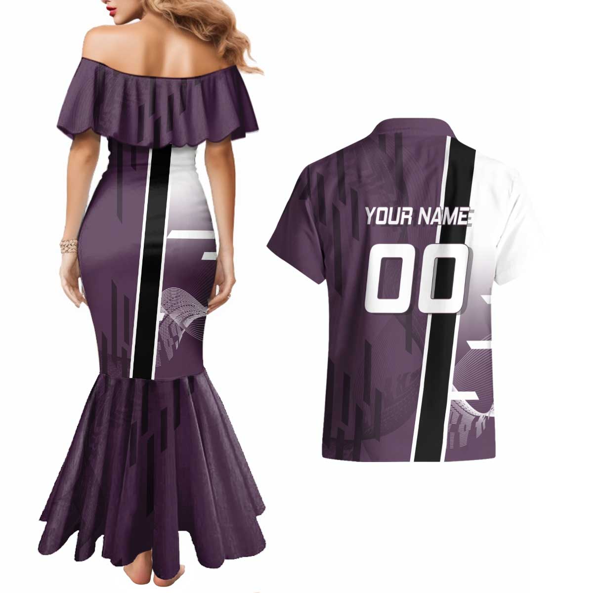 Personalized Shinazugawa Genya Demon Slayer Badminton Couples Matching Mermaid Dress and Hawaiian Shirt with Racket Action Pose and Purple Black Graphic Design - The Mazicc