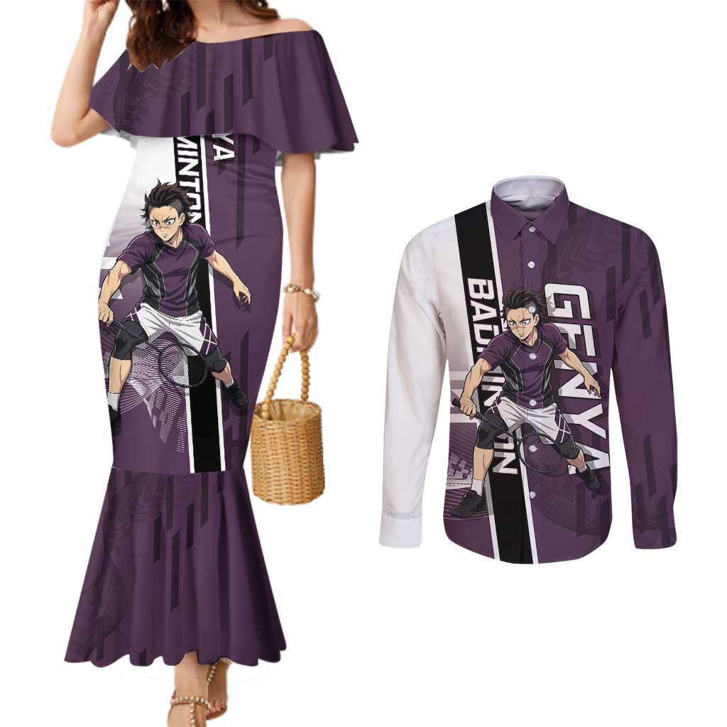 Personalized Shinazugawa Genya Demon Slayer Badminton Couples Matching Mermaid Dress and Long Sleeve Button Shirt with Racket Action Pose and Purple Black Graphic Design - The Mazicc