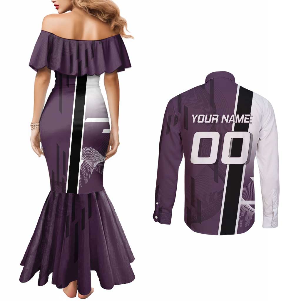 Personalized Shinazugawa Genya Demon Slayer Badminton Couples Matching Mermaid Dress and Long Sleeve Button Shirt with Racket Action Pose and Purple Black Graphic Design - The Mazicc
