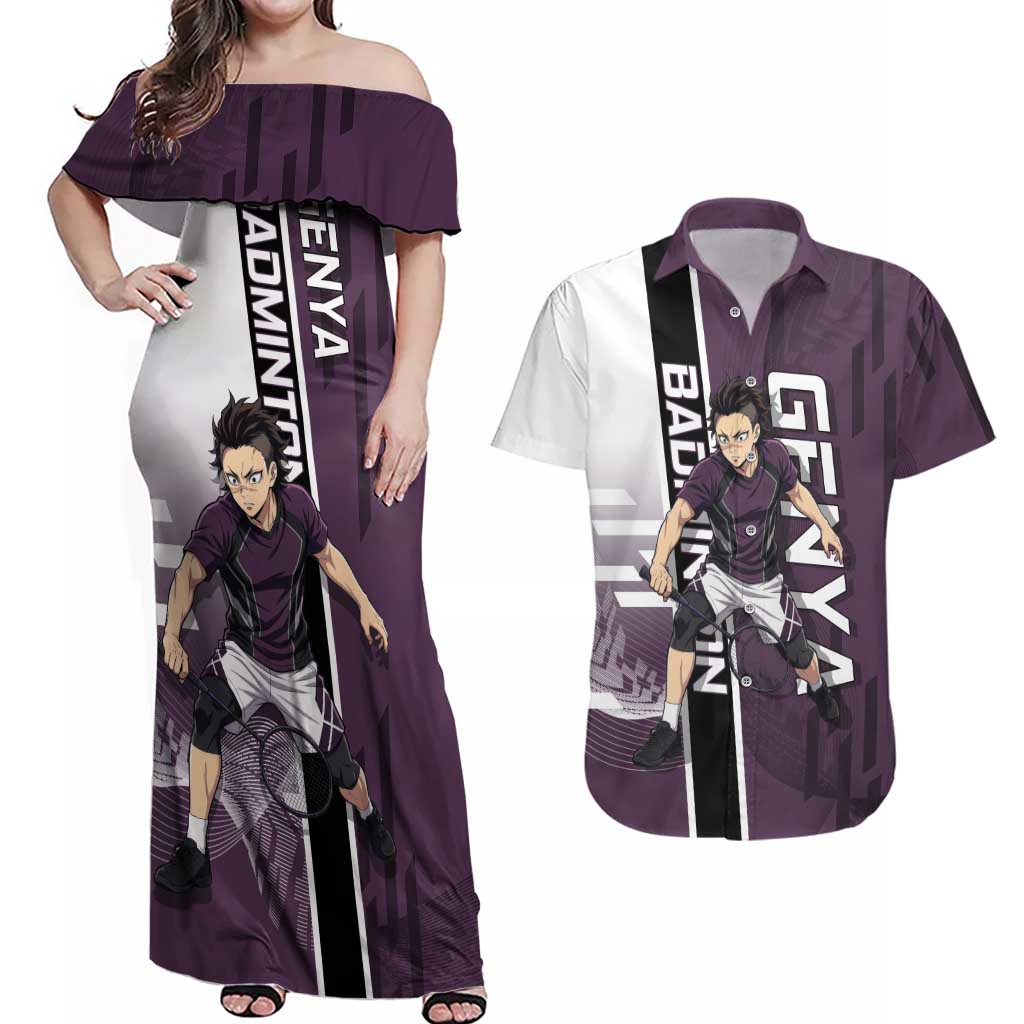 Personalized Shinazugawa Genya Demon Slayer Badminton Couples Matching Off Shoulder Maxi Dress and Hawaiian Shirt with Racket Action Pose and Purple Black Graphic Design - The Mazicc