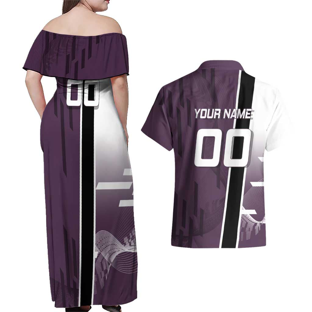 Personalized Shinazugawa Genya Demon Slayer Badminton Couples Matching Off Shoulder Maxi Dress and Hawaiian Shirt with Racket Action Pose and Purple Black Graphic Design - The Mazicc