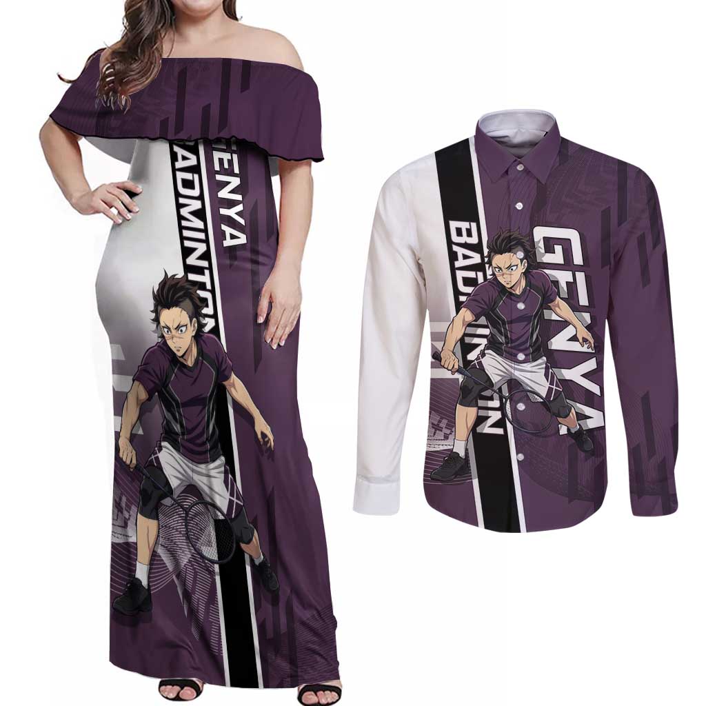Personalized Shinazugawa Genya Demon Slayer Badminton Couples Matching Off Shoulder Maxi Dress and Long Sleeve Button Shirt with Racket Action Pose and Purple Black Graphic Design - The Mazicc