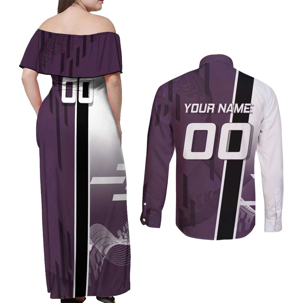 Personalized Shinazugawa Genya Demon Slayer Badminton Couples Matching Off Shoulder Maxi Dress and Long Sleeve Button Shirt with Racket Action Pose and Purple Black Graphic Design - The Mazicc