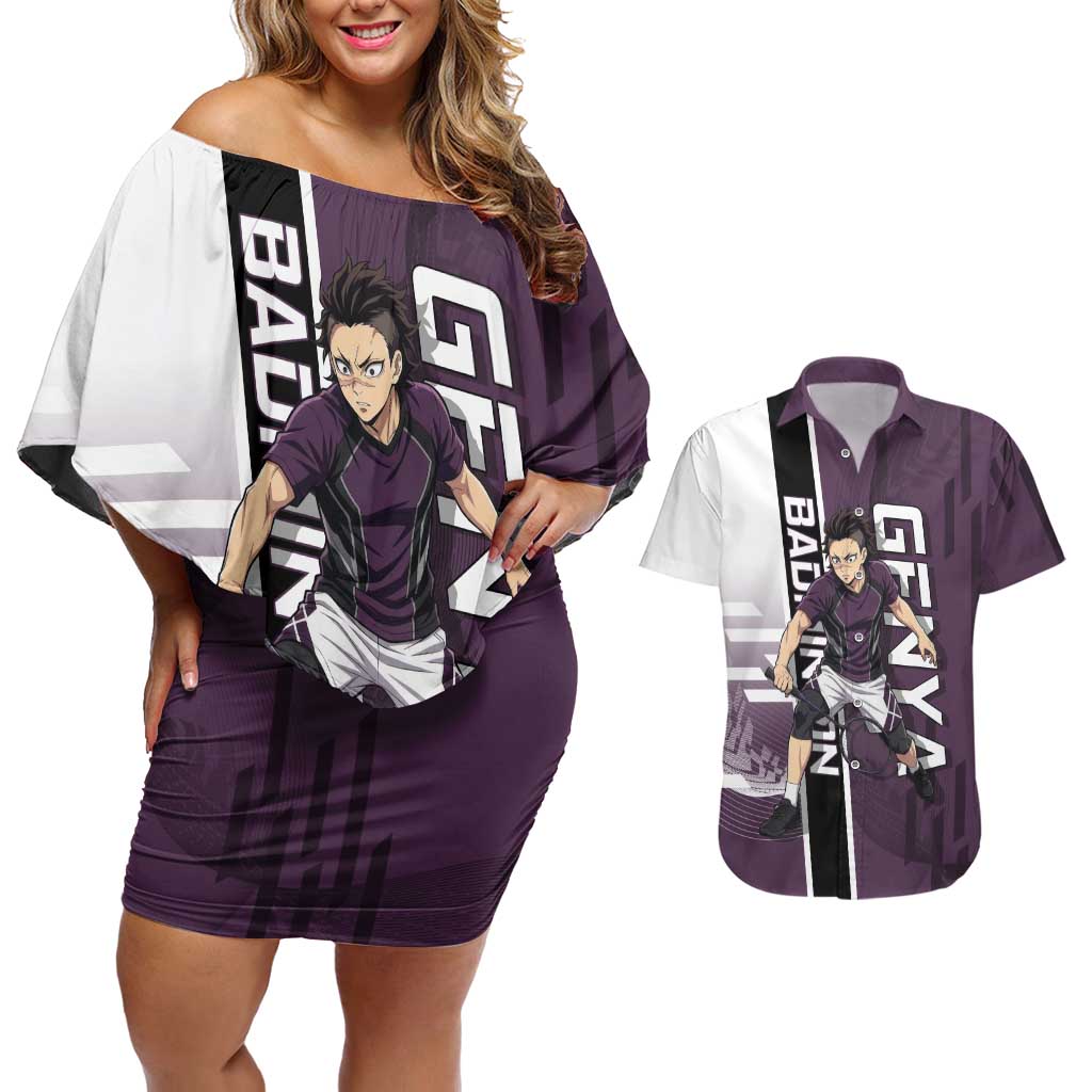 Personalized Shinazugawa Genya Demon Slayer Badminton Couples Matching Off Shoulder Short Dress and Hawaiian Shirt with Racket Action Pose and Purple Black Graphic Design - The Mazicc