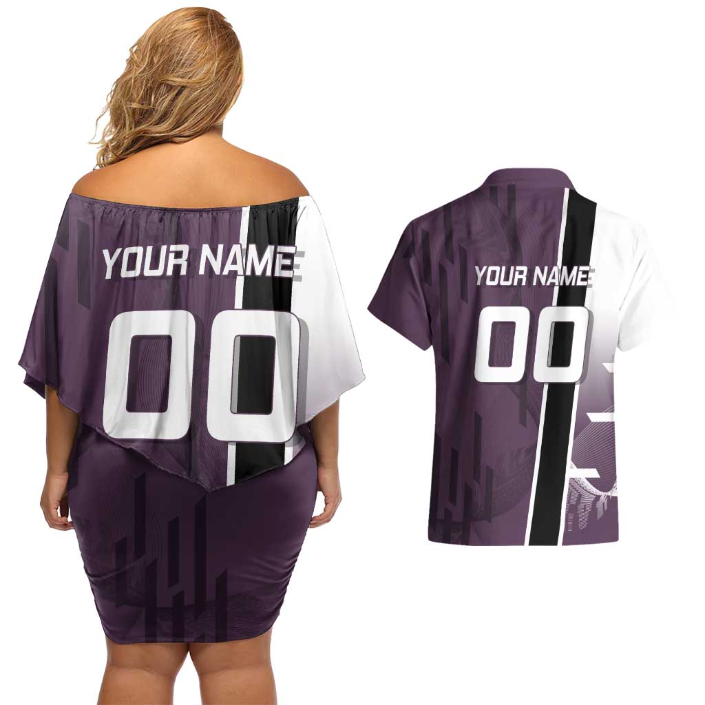Personalized Shinazugawa Genya Demon Slayer Badminton Couples Matching Off Shoulder Short Dress and Hawaiian Shirt with Racket Action Pose and Purple Black Graphic Design - The Mazicc