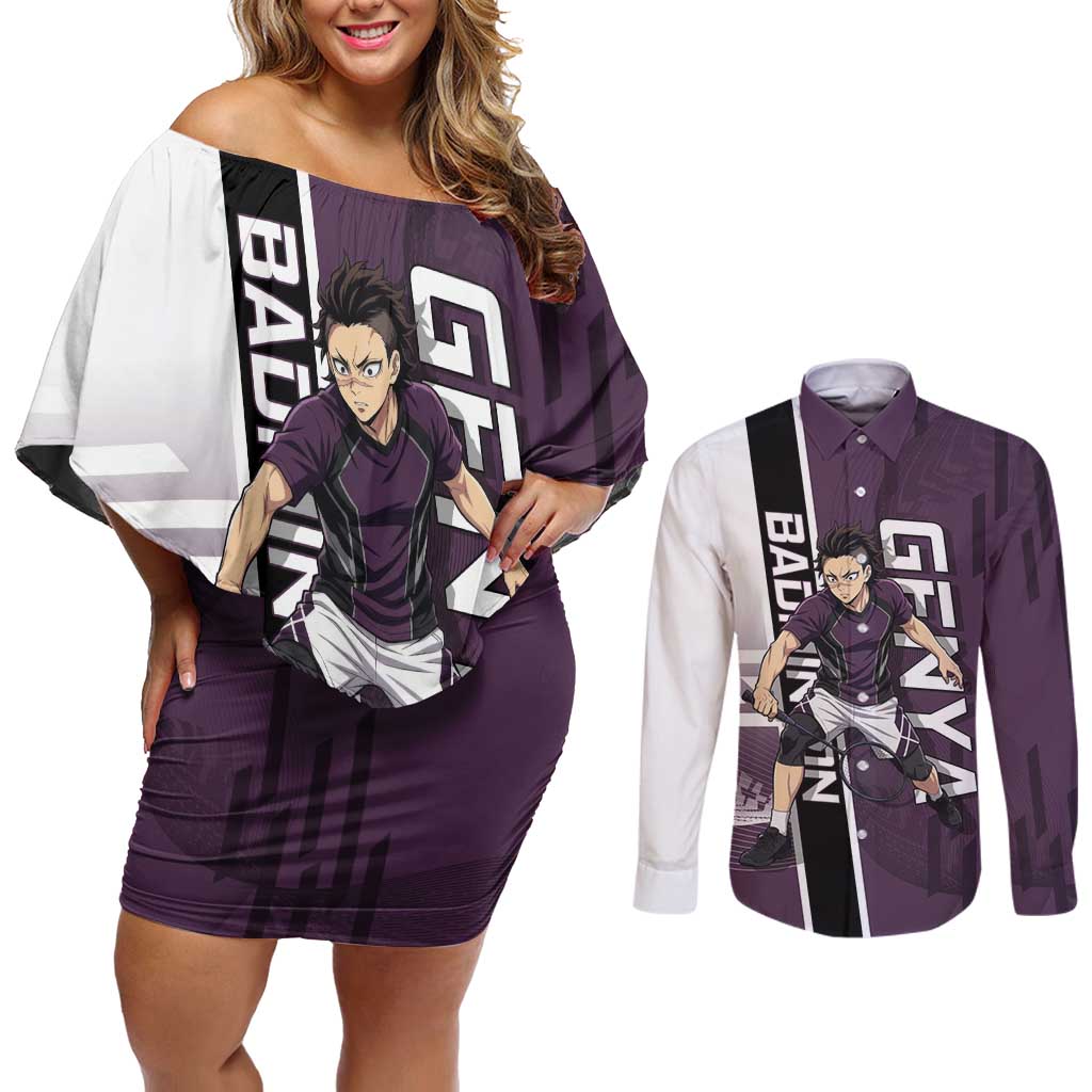 Personalized Shinazugawa Genya Demon Slayer Badminton Couples Matching Off Shoulder Short Dress and Long Sleeve Button Shirt with Racket Action Pose and Purple Black Graphic Design - The Mazicc