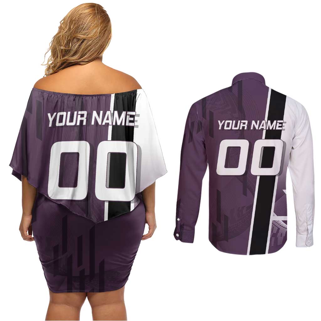 Personalized Shinazugawa Genya Demon Slayer Badminton Couples Matching Off Shoulder Short Dress and Long Sleeve Button Shirt with Racket Action Pose and Purple Black Graphic Design - The Mazicc