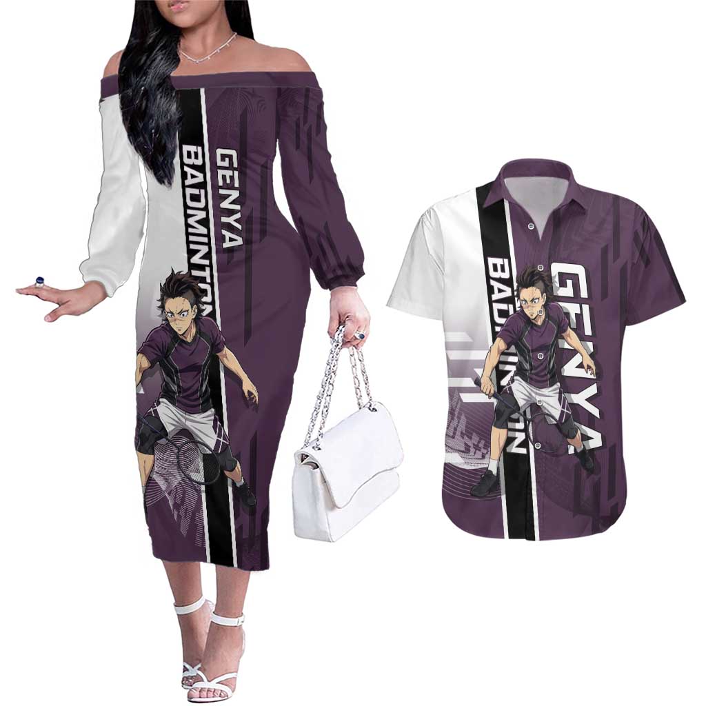Personalized Shinazugawa Genya Demon Slayer Badminton Couples Matching Off The Shoulder Long Sleeve Dress and Hawaiian Shirt with Racket Action Pose and Purple Black Graphic Design - The Mazicc