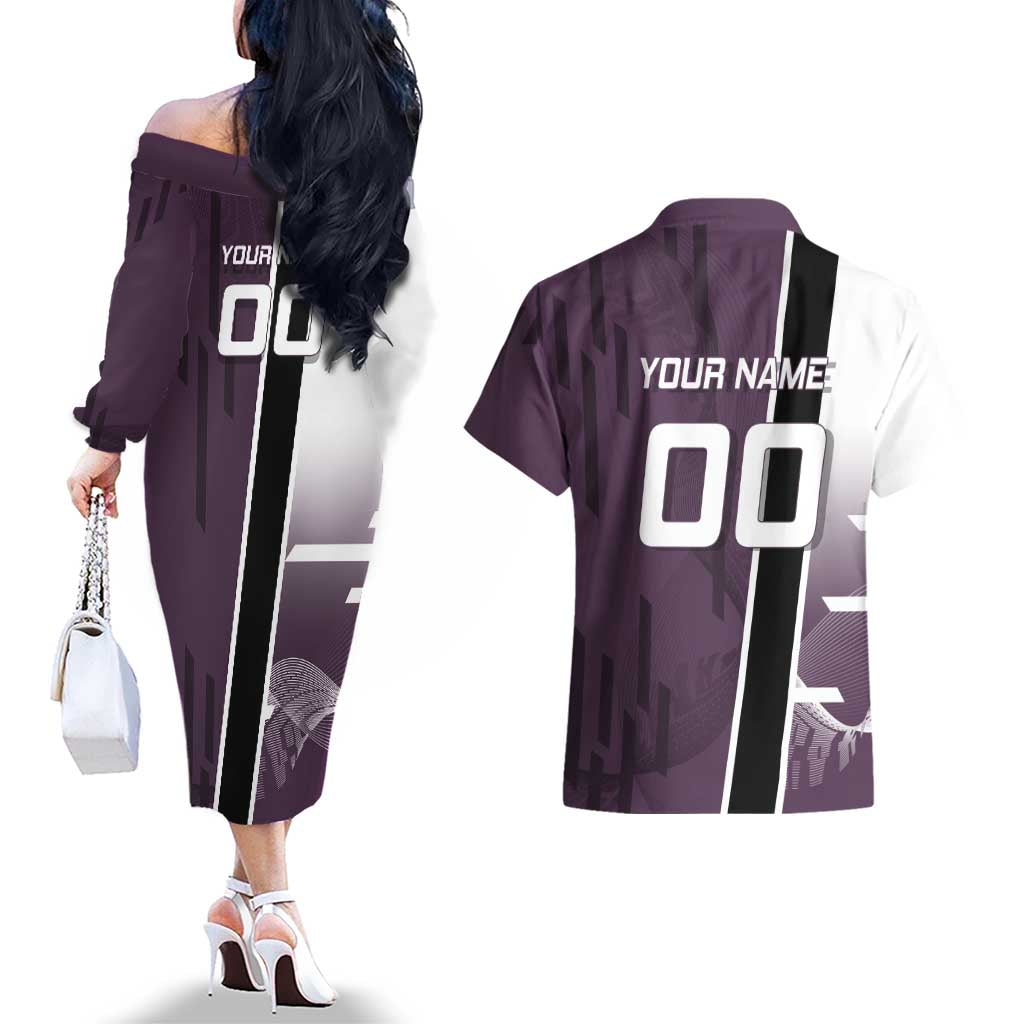 Personalized Shinazugawa Genya Demon Slayer Badminton Couples Matching Off The Shoulder Long Sleeve Dress and Hawaiian Shirt with Racket Action Pose and Purple Black Graphic Design - The Mazicc