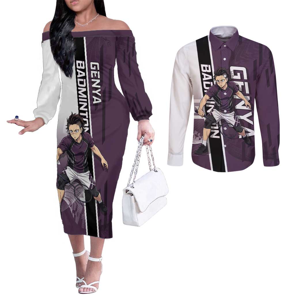 Personalized Shinazugawa Genya Demon Slayer Badminton Couples Matching Off The Shoulder Long Sleeve Dress and Long Sleeve Button Shirt with Racket Action Pose and Purple Black Graphic Design - The Mazicc