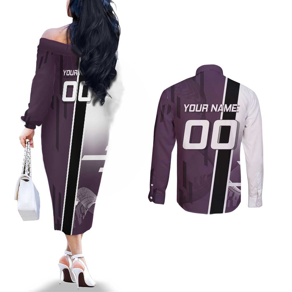 Personalized Shinazugawa Genya Demon Slayer Badminton Couples Matching Off The Shoulder Long Sleeve Dress and Long Sleeve Button Shirt with Racket Action Pose and Purple Black Graphic Design - The Mazicc