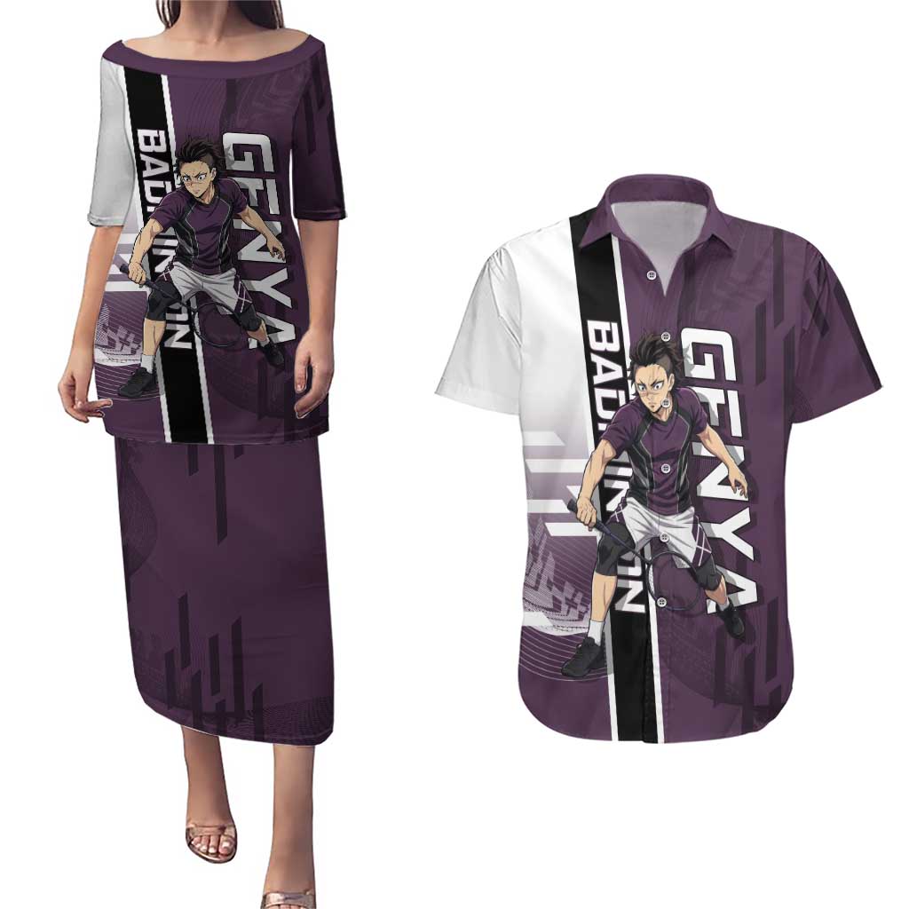 Personalized Shinazugawa Genya Demon Slayer Badminton Couples Matching Puletasi and Hawaiian Shirt with Racket Action Pose and Purple Black Graphic Design - The Mazicc