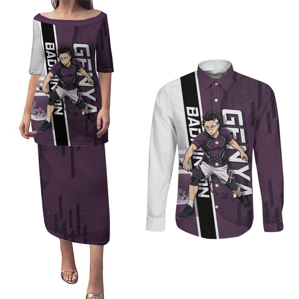 Personalized Shinazugawa Genya Demon Slayer Badminton Couples Matching Puletasi and Long Sleeve Button Shirt with Racket Action Pose and Purple Black Graphic Design - The Mazicc