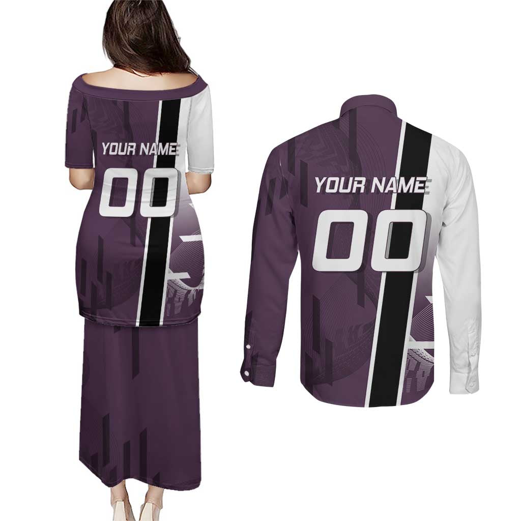 Personalized Shinazugawa Genya Demon Slayer Badminton Couples Matching Puletasi and Long Sleeve Button Shirt with Racket Action Pose and Purple Black Graphic Design - The Mazicc