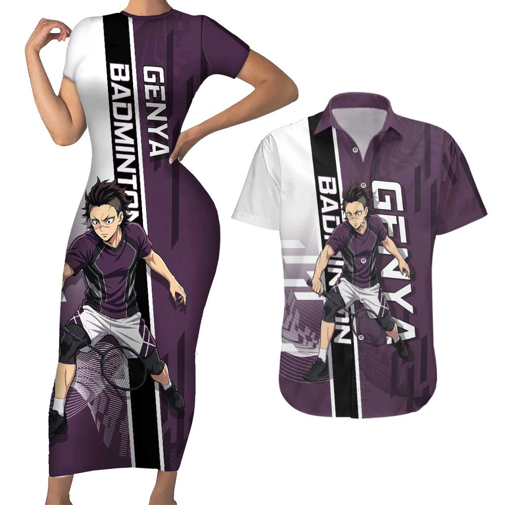 Personalized Shinazugawa Genya Demon Slayer Badminton Couples Matching Short Sleeve Bodycon Dress and Hawaiian Shirt with Racket Action Pose and Purple Black Graphic Design - The Mazicc