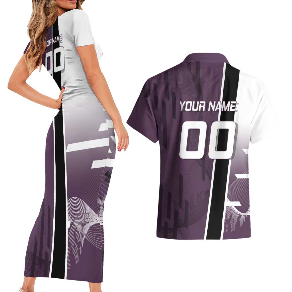 Personalized Shinazugawa Genya Demon Slayer Badminton Couples Matching Short Sleeve Bodycon Dress and Hawaiian Shirt with Racket Action Pose and Purple Black Graphic Design - The Mazicc