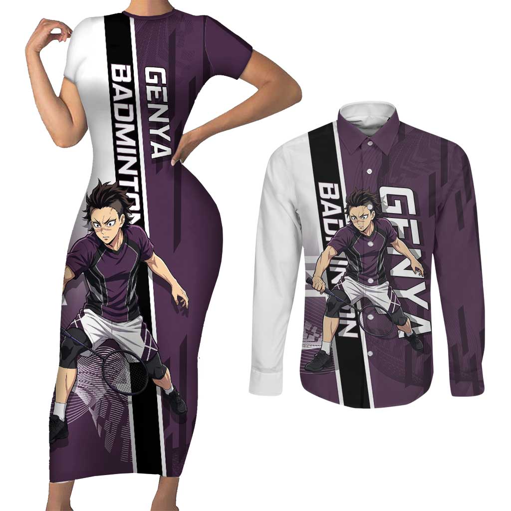 Personalized Shinazugawa Genya Demon Slayer Badminton Couples Matching Short Sleeve Bodycon Dress and Long Sleeve Button Shirt with Racket Action Pose and Purple Black Graphic Design - The Mazicc