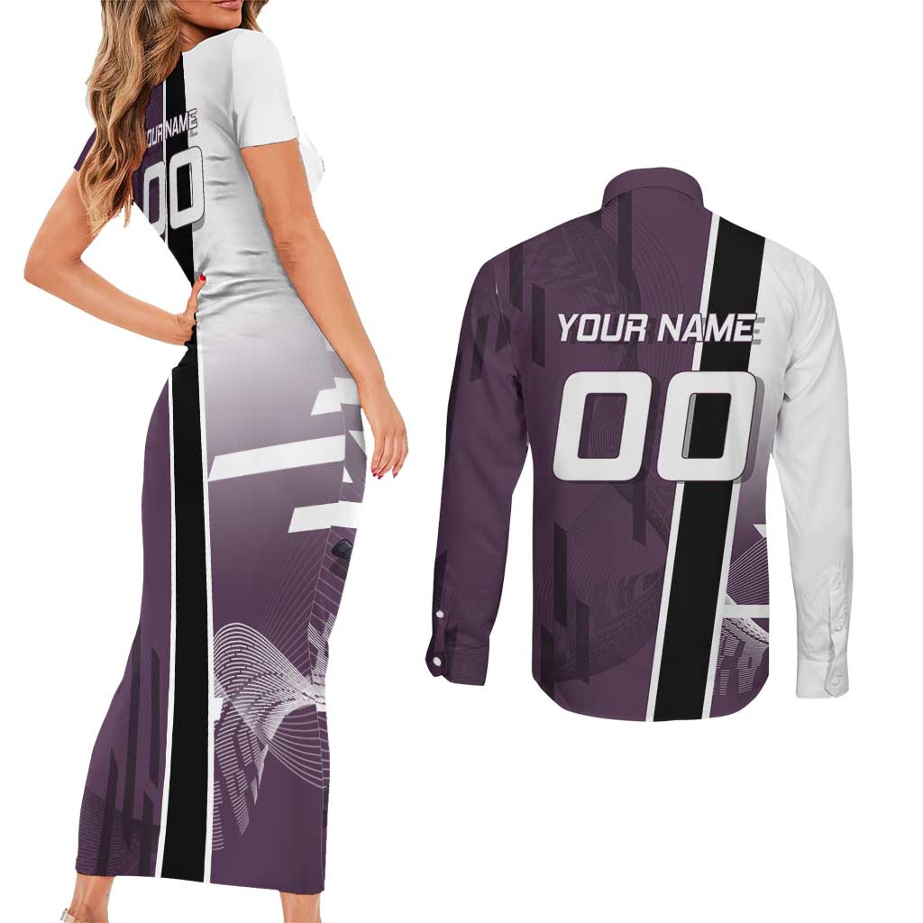 Personalized Shinazugawa Genya Demon Slayer Badminton Couples Matching Short Sleeve Bodycon Dress and Long Sleeve Button Shirt with Racket Action Pose and Purple Black Graphic Design - The Mazicc