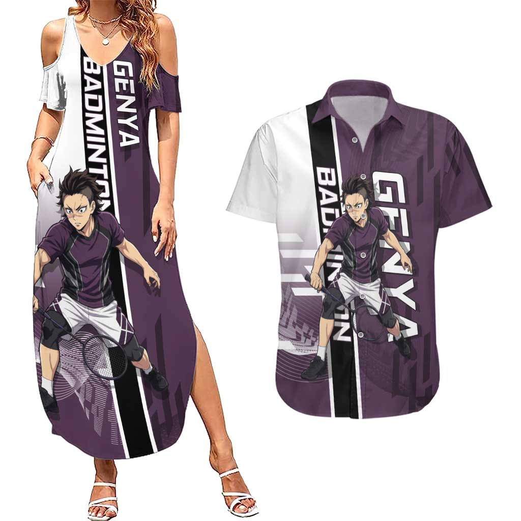 Personalized Shinazugawa Genya Demon Slayer Badminton Couples Matching Summer Maxi Dress and Hawaiian Shirt with Racket Action Pose and Purple Black Graphic Design - The Mazicc
