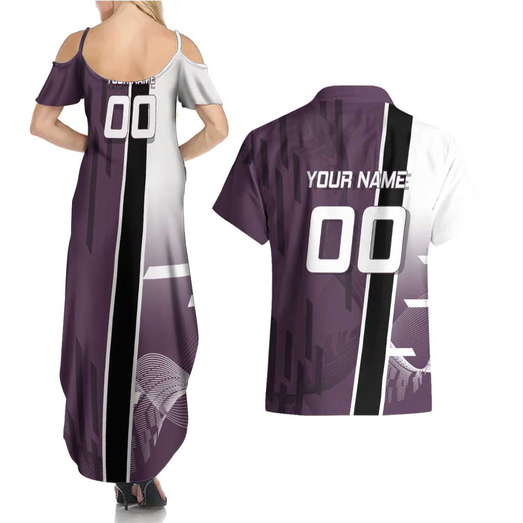 Personalized Shinazugawa Genya Demon Slayer Badminton Couples Matching Summer Maxi Dress and Hawaiian Shirt with Racket Action Pose and Purple Black Graphic Design - The Mazicc
