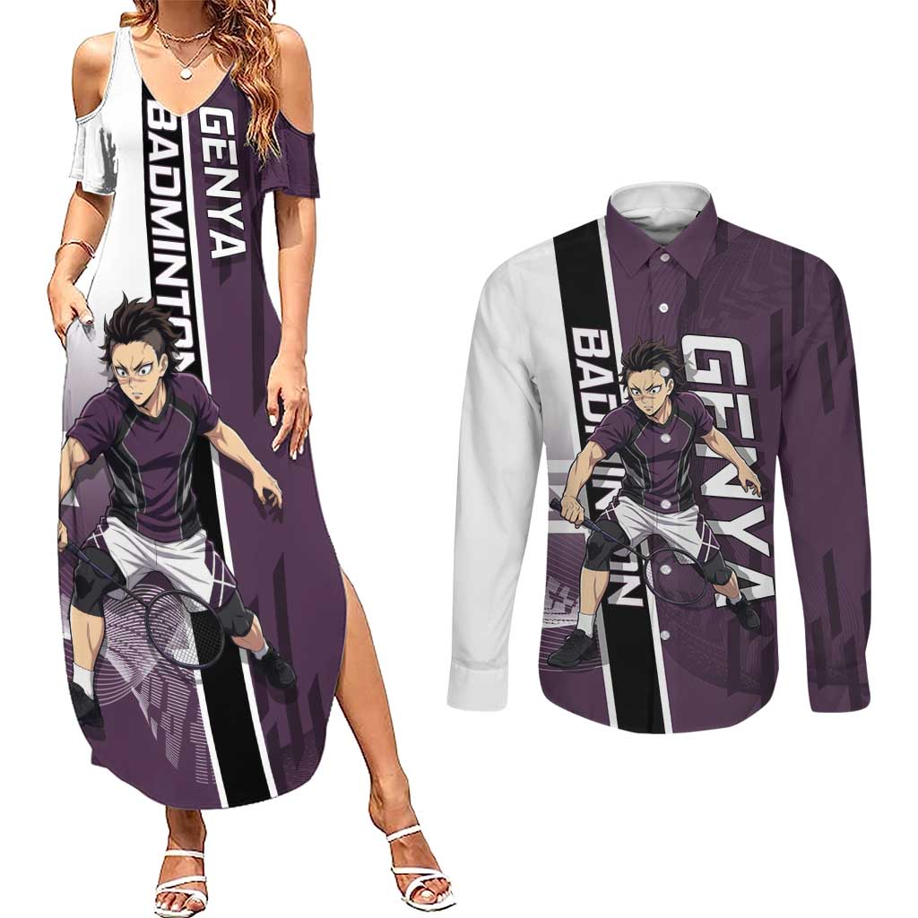 Personalized Shinazugawa Genya Demon Slayer Badminton Couples Matching Summer Maxi Dress and Long Sleeve Button Shirt with Racket Action Pose and Purple Black Graphic Design - The Mazicc