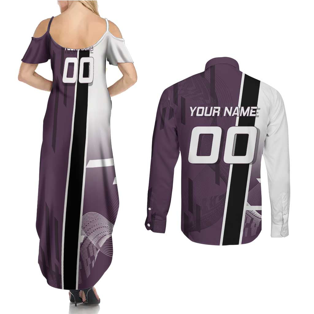 Personalized Shinazugawa Genya Demon Slayer Badminton Couples Matching Summer Maxi Dress and Long Sleeve Button Shirt with Racket Action Pose and Purple Black Graphic Design - The Mazicc