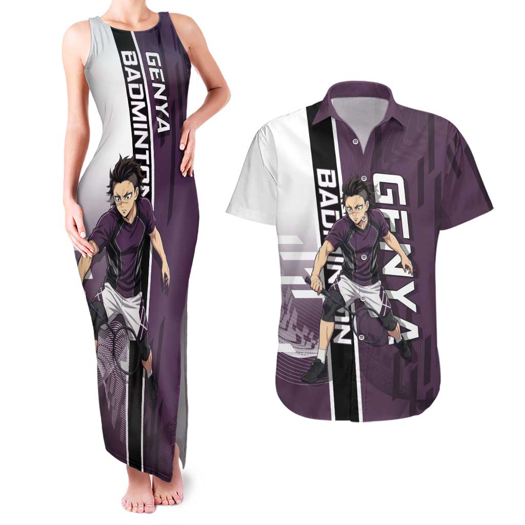 Personalized Shinazugawa Genya Demon Slayer Badminton Couples Matching Tank Maxi Dress and Hawaiian Shirt with Racket Action Pose and Purple Black Graphic Design - The Mazicc