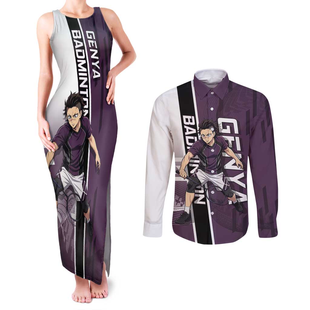 Personalized Shinazugawa Genya Demon Slayer Badminton Couples Matching Tank Maxi Dress and Long Sleeve Button Shirt with Racket Action Pose and Purple Black Graphic Design - The Mazicc